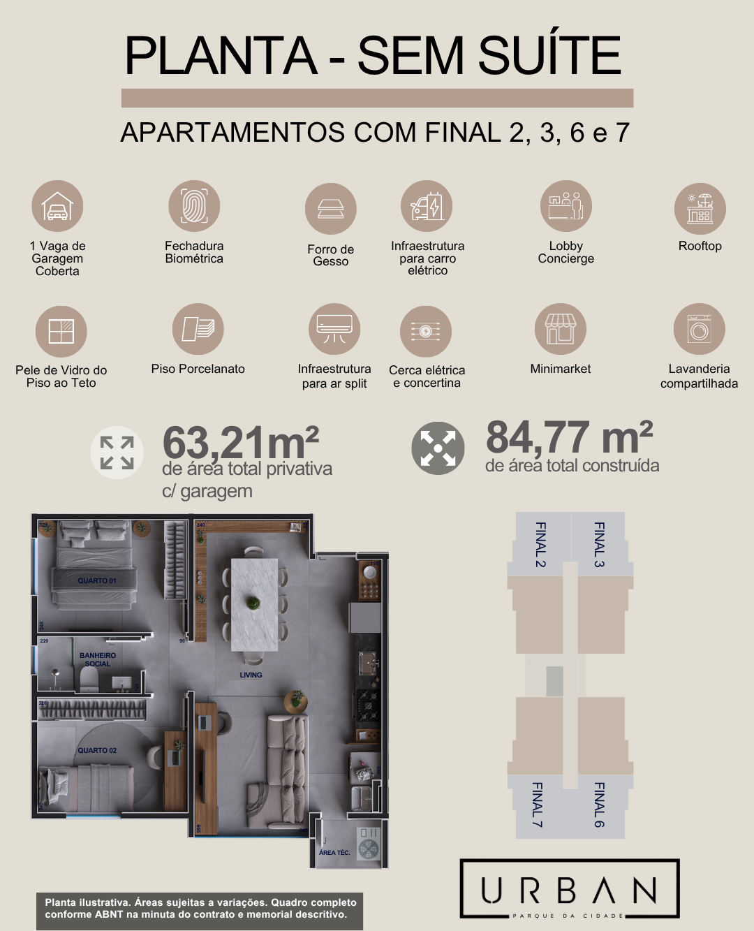 Planta sem suíte — 63,21 m² privativos